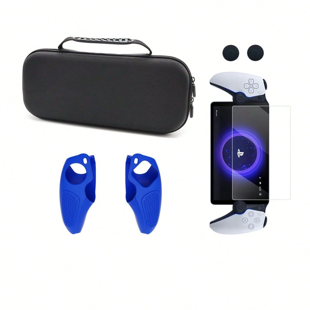 SHEIN 1 Set Protective Accessories For Ps5 Streaming Machine, Including 4 Items: Split Silicone Cover, Storage Bag, Tempered Film And Joystick Cap Blue one-size