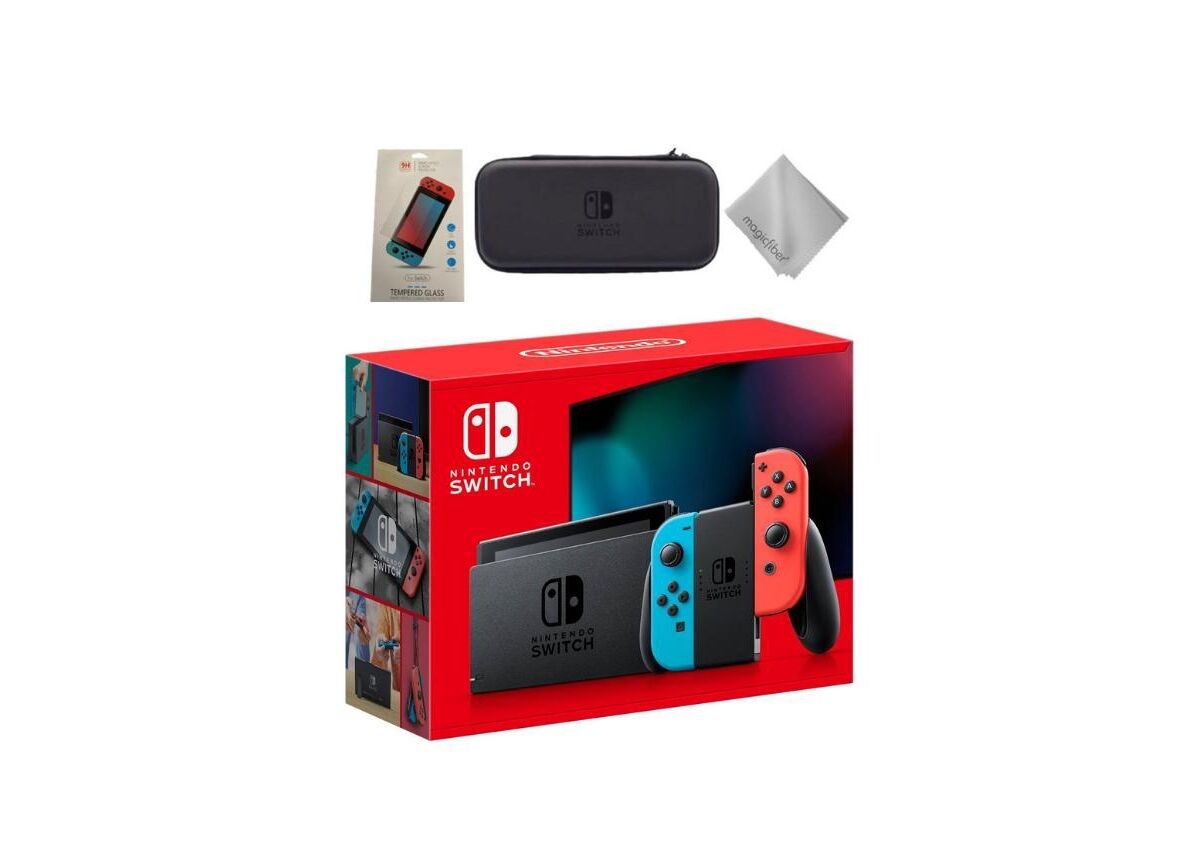 Nintendo Switch Gaming Console With Neon Blue Joy-Con Controllers & 3 piece Accessories kit - Blue/red