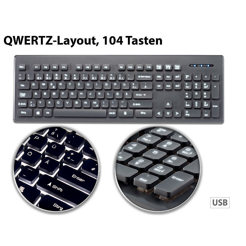 GeneralKeys Beleuchtete Business-USB-Tastatur mit Nummernblock, QWERTZ