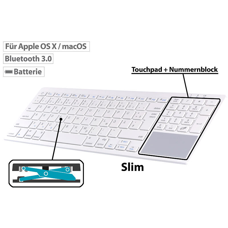 GeneralKeys Tastatur mit Bluetooth, für macOS m. Touchpad, Scissor-Tasten