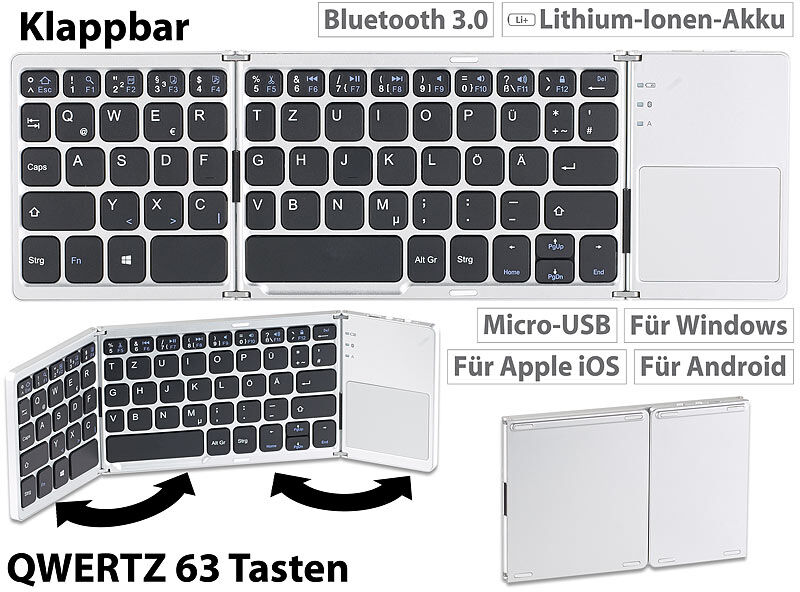 GeneralKeys Faltbare Tastatur mit Bluetooth, Touchpad für Android, iOS und Windows