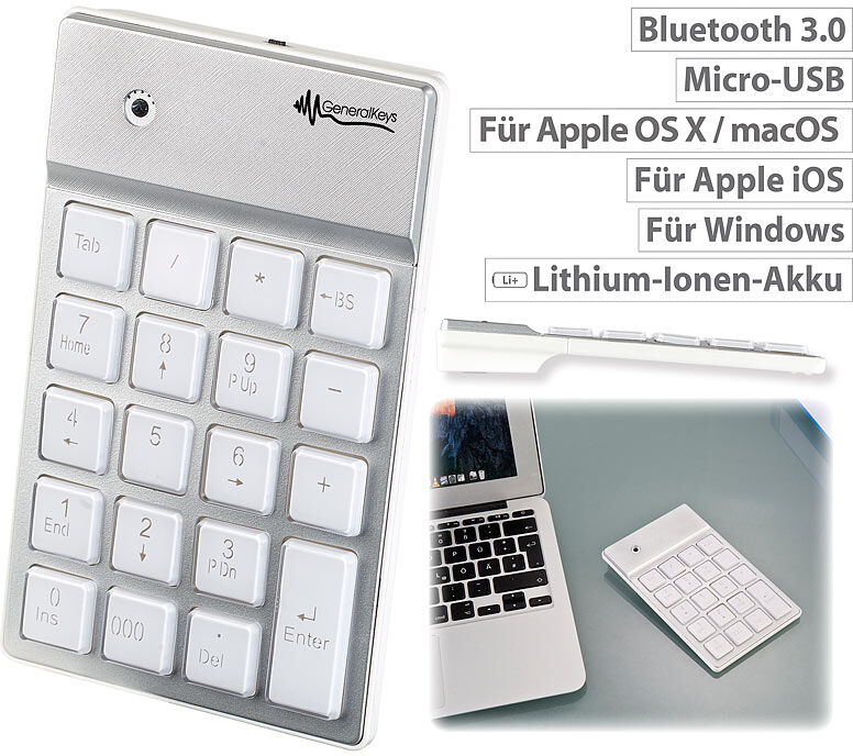 GeneralKeys Nummernblock mit Bluetooth, 19 beleuchteten Tasten, für Mac, PC & Co.