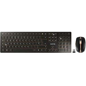 CHERRY DW 9100 SLIM, ensemble clavier et souris sans fil, layout italien (QWERTY), connexion Bluetooth et radio, touches silencieuses, rechargeable, noir-bronze - Publicité