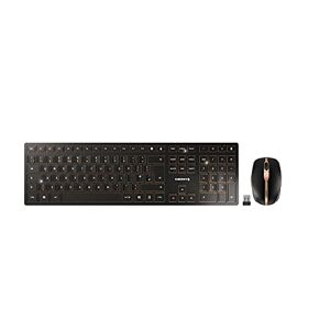 CHERRY DW 9100 SLIM, ensemble clavier et souris sans fil, layout anglais (QWERTY), connexion Bluetooth et radio, touches silencieuses, rechargeable, noir-bronze - Publicité
