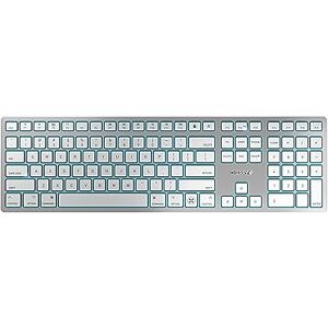 CHERRY KW 9100 SLIM FOR MAC, Clavier sans fil Mac, Disposition US (QWERTY), Connexion Bluetooth ou 2,4 GHz, Touches plates, Rechargeable, Blanc argenté - Publicité