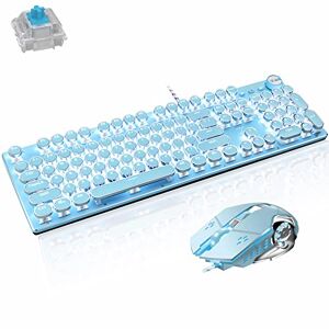 Basaltech Ensemble clavier et souris de jeu mécanique, rétro, steampunk vintage, clavier avec rétroéclairage LED, 104 touches antighosting, interrupteur bleu filaire USB, panneau en métal, touches - Publicité