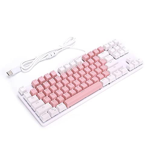 PUSOKEI Mechanisch gamingtoetsenbord, 87 toetsen Toetsenborden RGB LED regenboog verlicht toetsenbord met kabel, mechanisch gamingtoetsenbord Wit + roze, mechanisch toetsenbord, Plug en Play(Roze)