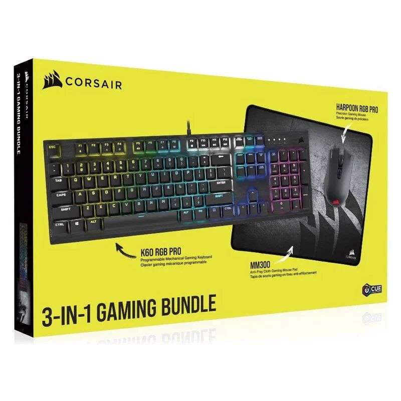 Corsair gaming bundle k60 rgb pro cherry viola + harpoon rgb pro + mm300 pro premium médio