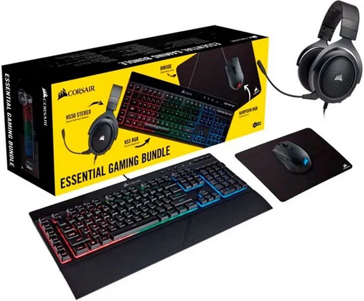 Corsair gaming bundle 4 em 1 k55 rgb pro+hs50 pro+harpoon rgb pro+mm100 gaming