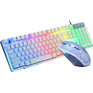 Rainbow LED Baggrundsbelyst Gaming Keyboard Mus Combo Ergonomisk Keyboard + Gaming Mouse Game + Musemåtte，hvid