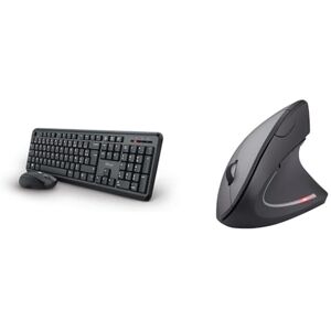 Trust Ymo Pack Clavier et Souris sans Fil AZERTY Français, Résistant aux Éclaboussures & Verto Souris sans Fil Verticale Ergonomique, 800-1600 DPI, 6 Boutons, LED, Prévention Syndrome - Publicité