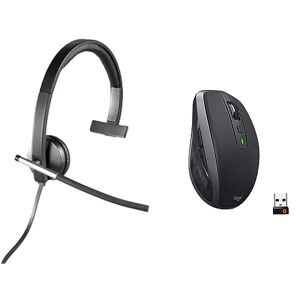 Logitech H650e Wired Headset, Mono Headphone with Noise-Cancelling Microphone, USB & MX Anywhere 2S Wireless Mouse, Multi-Device, Bluetooth and 2.4 GHz