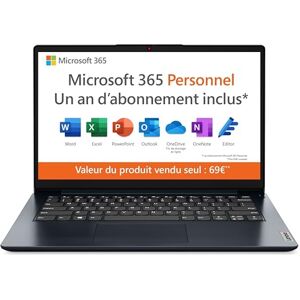 IBM IdeaPad 1 14IGL7 Ordinateur Portable 14'' HD (Intel Celeron N4020, RAM 4Go, SSD 128Go, Intel UHD Graphics 600, Windows 11 Home en Mode S) Microsoft 365 Personnel, Clavier AZERTY FR Bleu - Publicité