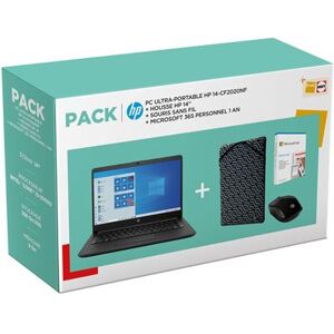 Pack PC Ultra-Portable HP 14-cf2020nf 14" Intel Core i3 8 Go RAM 256 Go SSD Noir ébène + Housse de protection + Souris sans fil HP 220 Noir + Microsoft 365 Personnel - 1 utilisateur - PC ou Mac - 1 Noir ébène; Finition texturée maillée - Publicité