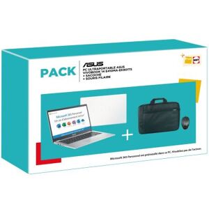 Pack PC Ultra-Portable Asus E410MA-EK019TS 14" Intel Celeron 4 Go RAM 64 Go eMMC Argent transparent + Microsoft 365 Personnel (1 an) + Sacoche noir + Souris avec fil Noir Argent transparent - Publicité