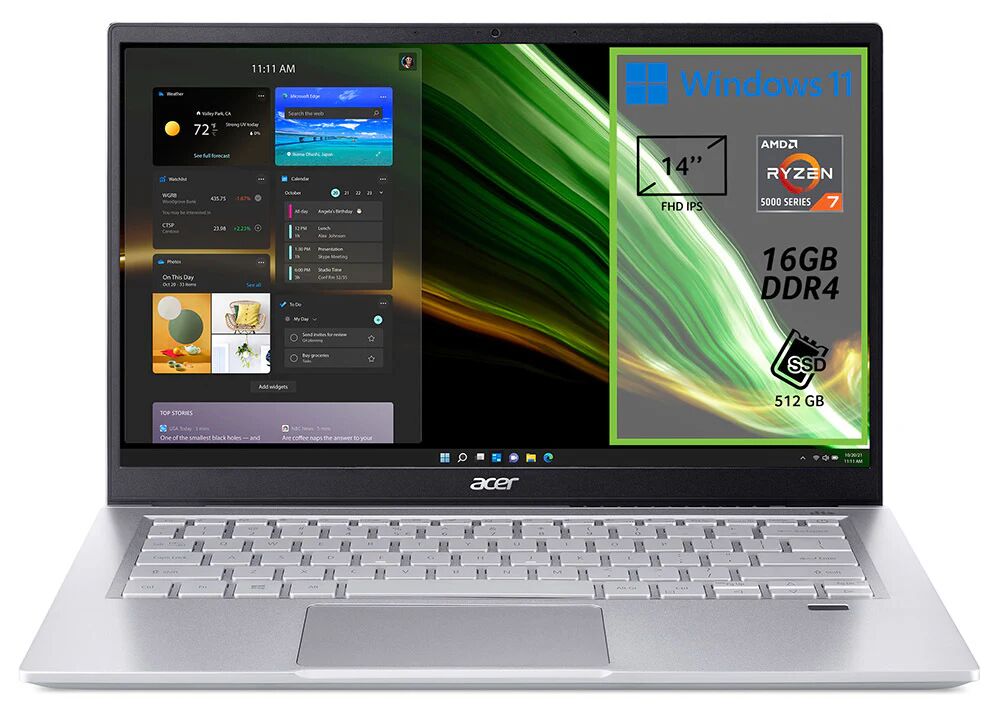 Acer Swift 3 SF314-43-R90U Computer portatile 35,6 cm (14) Full HD AMD Ryzen™ 7 5700U 16 GB DDR4-SDRAM 512 GB SSD Wi-Fi 6E (802.11ax) Windows 11 Home Argento