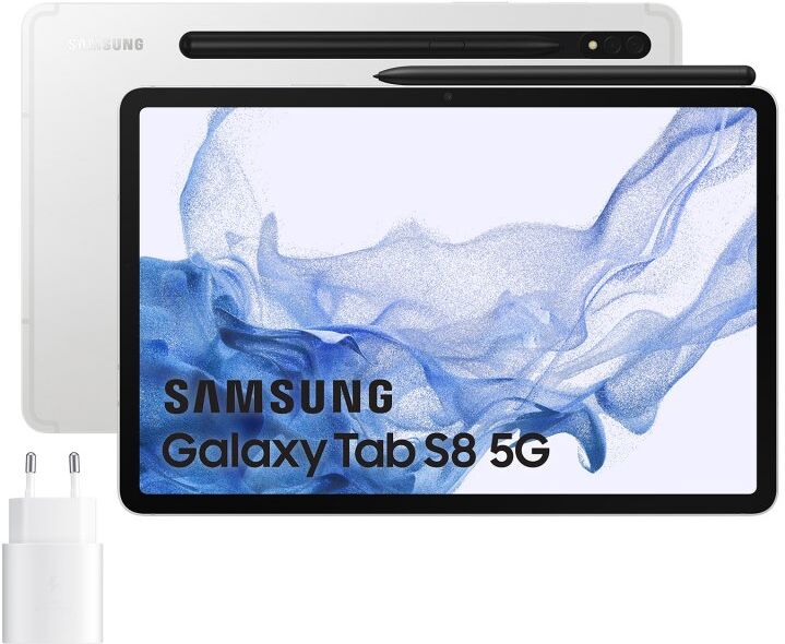 Samsung galaxy tab s8 5g 8gb/256gb 11'' prateado + carregador 25w