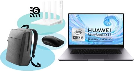 Huawei Pack Portátil MateBook D15 (15.6'' - Intel Core i5 - 8 GB - 256 GB SSD) + Mochila + Rato + Router