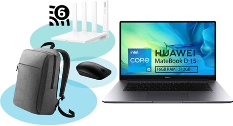 Huawei Portátil MateBook D15 BohrD-WFH9C (15'' - Intel Core i5-1135G7 - RAM: 16 GB - 512 GB SSD PCIe - Intel iris Xe) + Rato BT Switch + Mochila Cinzenta CD60 + Router