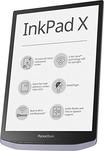 PB1040-J-WW PocketBook e-bokläsare 'InkPad X' (32 GB minne, 26,12 cm (10,3 tum) E-Ink Carta display, SMARTlight) i metallisk grå