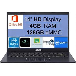 2021 Newest ASUS E410 14" Thin and Light Laptop Computer, Intel Celeron N4020 (up to 2.8GHz), 4GB DDR4 RAM, 128GB eMMC, 1-Year Office 365, WiFi, Bluetooth, HDMI, Webcam, Blue, Windows 10 S+AllyFlex MP