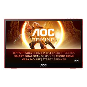 AOC 16G3 Moniteur de jeu portable 16 pouces Full HD, FreeSync (1920x1080, 144 Hz, MicroHDMI 1.4, USB-C) noir-rouge - Publicité