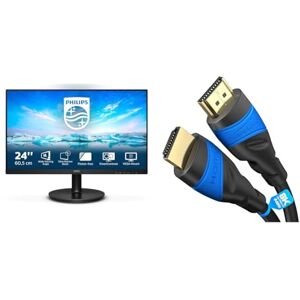 Philips 241V8LA- 24 Inch FHD Monitor, 75Hz, 4ms, VA, Speakers LowBlue, Flickerfree & HDMI Cable 8K / 4K – 0.25m – with A.I.S Shielding – Designed in Germany (supports all HDMI devices like PS5/Xbox