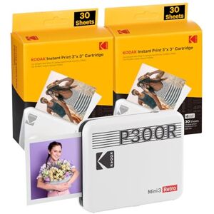 Kodak Mini 3 Retro 4PASS Portable Photo Printer (3x3) + 68 Sheets Bundle, White