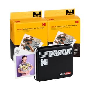 Kodak Mini 3 Retro 4PASS Portable Photo Printer (7.5x7.6cm) - Pack with 68 Sheets, Black