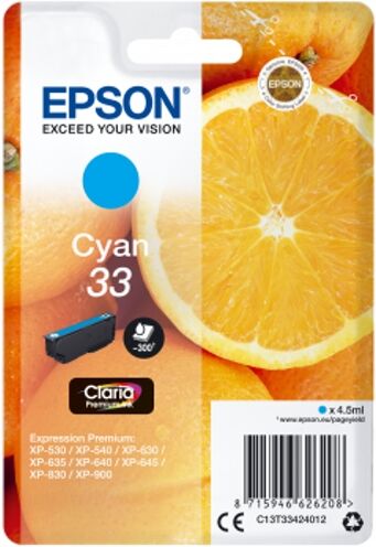 Epson Cartucho de tinta original EPSON, 33, Naranjas 4,5 ml , Cian, Estándar, C13T33424012, T3342