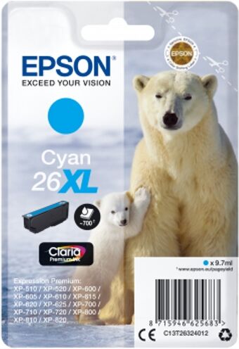 Epson Cartucho de tinta original EPSON, 26XL, Oso polar 9,7 ml , Cian, C13T26324012, T2632