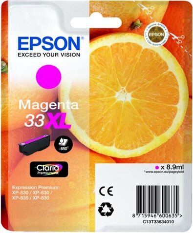 Epson Cartucho de tinta original EPSON, 33, Naranjas 8,9 ml , Magenta, Alta, XL, C13T33634022, T3363