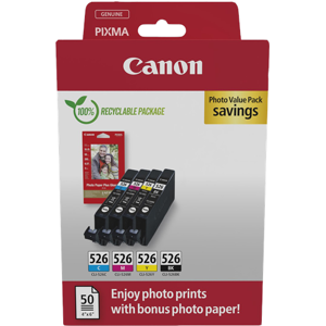 Canon + 10x15 cm Fotopapier 50 Blatt Value Pack Noir(e) / Cyan / Magenta / Jaune Original CLI-526