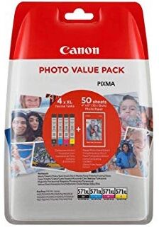 Cartuccia originale Canon 0332C005 Multipack CLI-571XL (Conf. da 2 pz.) + 50 Fogli PP-201 NERO+COLORE