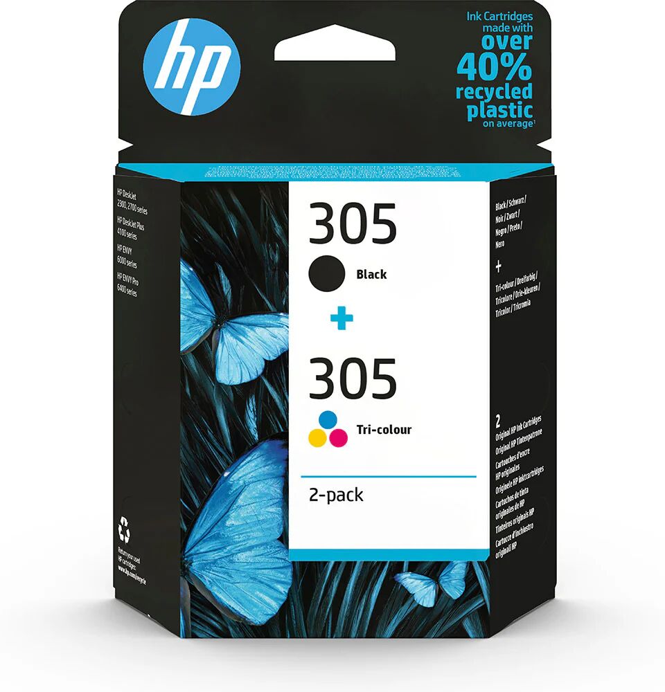 HP 305 2-Pack Tri-color/Black Original Ink Cartridge cartuccia d'inchiostro 2 pz Originale Resa standard Nero, Ciano, Magenta, Giallo