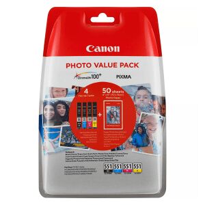 Canon CLI-551 Multipack - 4 Ink Cartridges & Photo Paper Value Pack - 6508B005 (Original)