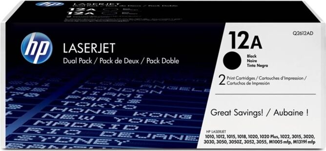 HP Pack de ahorro de 2 cartuchos de tóner Original HP 12A Negro para HP LaserJet 1010, 1012, 1015, 1020, 1022, 1022n, 1022nw, LaserJet 3050, 3055, M10...