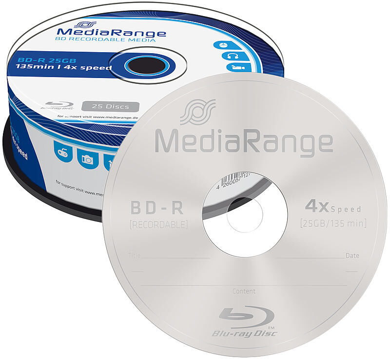 MediaRange Blu-ray-Rohling BD-R 25GB 4x, 25er-Spindel