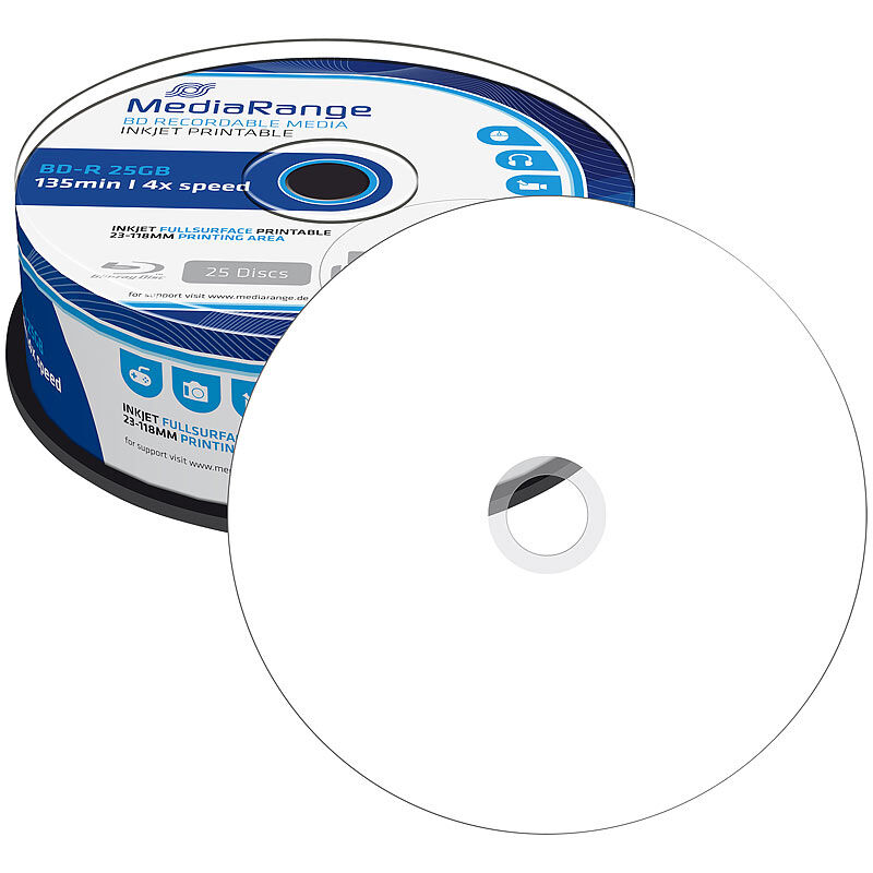 MediaRange Blu-ray-Rohling BD-R 25GB printable 4x, 25er-Spindel