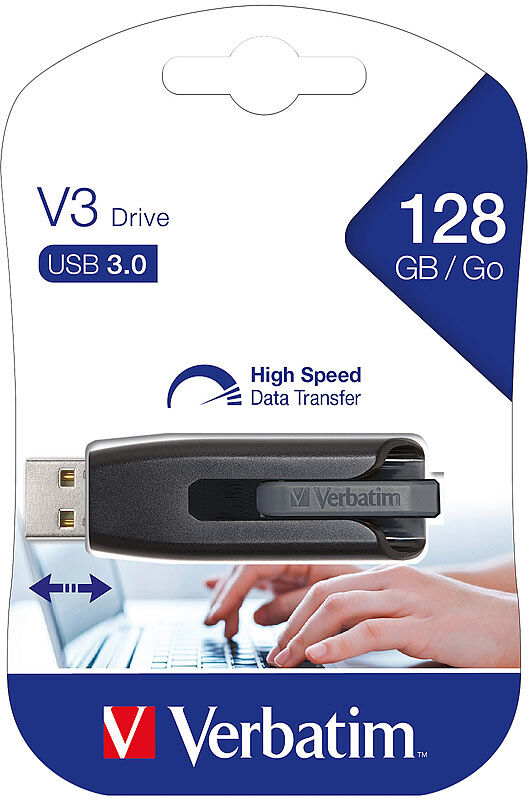 Verbatim V3 Drive, 128 GB, USB 3.0, bis 80 MB/s lesen, 25 MB/s schreiben