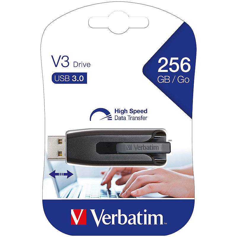 Verbatim V3 Drive, 256 GB, USB 3.0, bis 120 MB/s lesen, 25 MB/s schreiben