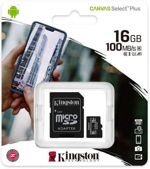 Kingston Canvas Select Plus Micro SD Kaart 10 UHS-I 16GB Opslagcapaciteit - inclusief SD adapter