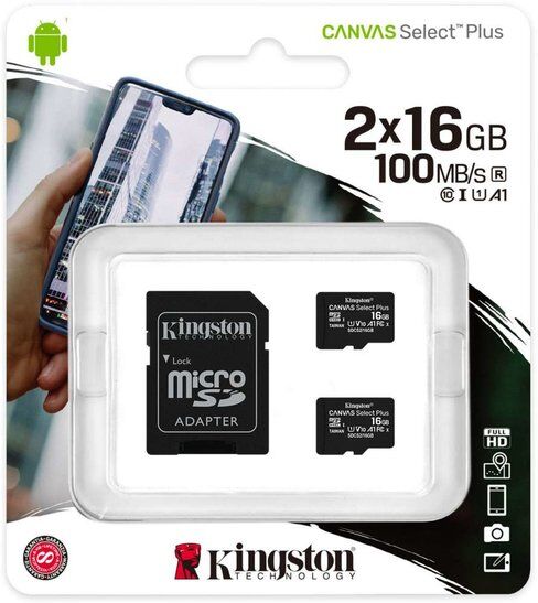 Kingston Canvas Select Plus Duopack Micro SD Kaart 10 UHS-I 16GB Opslagcapaciteit - inclusief SD adapter