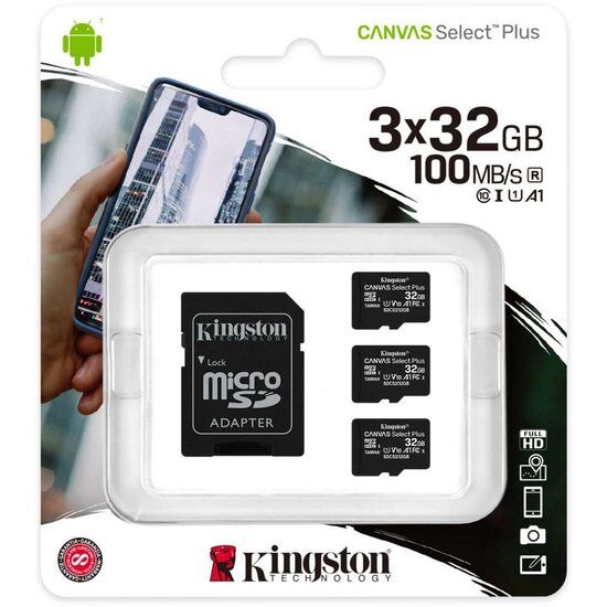 Kingston Canvas Select Plus 3 Pack Micro SD Kaart 10 UHS-I 16GB Opslagcapaciteit - inclusief SD adapter