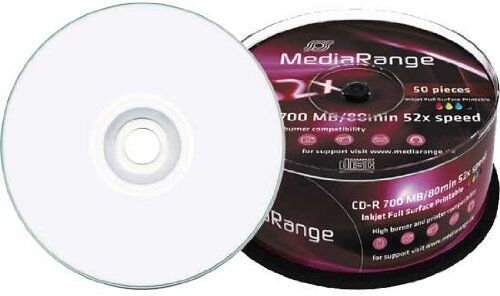 MR208 CD-R MediaRange 700 MB helvit bläckstråle utskrivbar 80 minuter 50 st spindeln 52 x kaka TUB