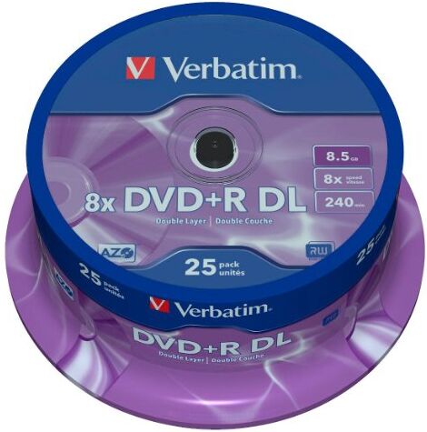 43757 Verbatim DVD+R dubbla lager 8 x matt silver 25 pk spindel 8,5 GB DVD+R DL 251356–DVD+RW (8,5 GB, DVD+R DL, 25 cm x 120 mm, axel)