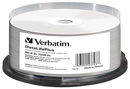 0023942437437 Verbatim BD-R Blu-ray Disc – 25 GB, 6 gånger brännhastighet och termiskt tryck – No ID Brand, 25-pack spindel