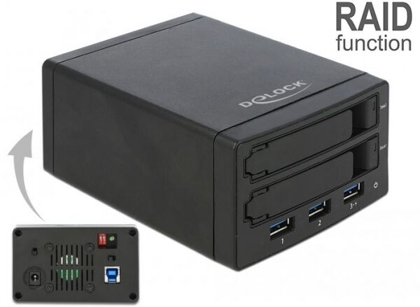 DeLock 42606 - Externes Gehäuse für 2 x 2.5 Zoll SATA HDD / ssD mit RAID + 3 Port USB 3.0 Hub