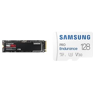 Samsung 980 PRO NVMe M.2 SSD, 1 TB, PCIe 4.0, 7.000 MB/s Lesen, 5.000 MB/s Schreiben, Interne SSD für Gaming und Videobearbeitung, MZ-V8P1T0BW & PRO Endurance microSD-Karte + SD-Adapter, 128 GB