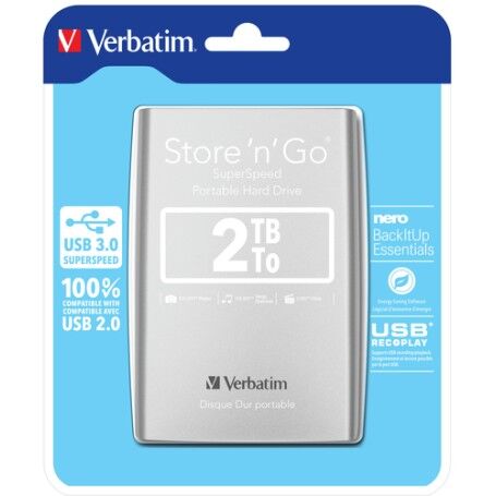 Verbatim Disco rigido portatile Store 'n' Go USB 3.0 da 2 TB Argento (53189)